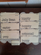Load image into Gallery viewer, Vintage Inspired Spring Flashcards Set of 10 | Spring Bunny Jellybean Peep Words on Cream Cardstock