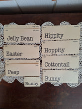 Load image into Gallery viewer, Vintage Inspired Spring Flashcards Set of 10 | Spring Bunny Jellybean Peep Words on Cream Cardstock
