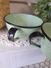 Load image into Gallery viewer, Pair of Jadeite Green Enamelware Cups with Black Rim | Cottage Camp Mugs