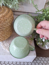 Load image into Gallery viewer, Pair of Jadeite Green Enamelware Cups with Black Rim | Cottage Camp Mugs