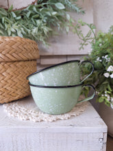 Load image into Gallery viewer, Pair of Jadeite Green Enamelware Cups with Black Rim | Cottage Camp Mugs
