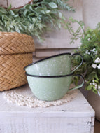 Pair of Jadeite Green Enamelware Cups with Black Rim | Cottage Camp Mugs