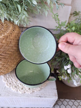 Load image into Gallery viewer, Pair of Jadeite Green Enamelware Cups with Black Rim | Cottage Camp Mugs
