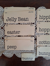 Load image into Gallery viewer, Vintage Inspired Spring Flashcards Set of 10 | Spring Bunny Jellybean Peep Words on Cream Cardstock
