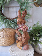 Resin Style Brown Bunny Figure with Pink Flower | Cottage Spring Decoration