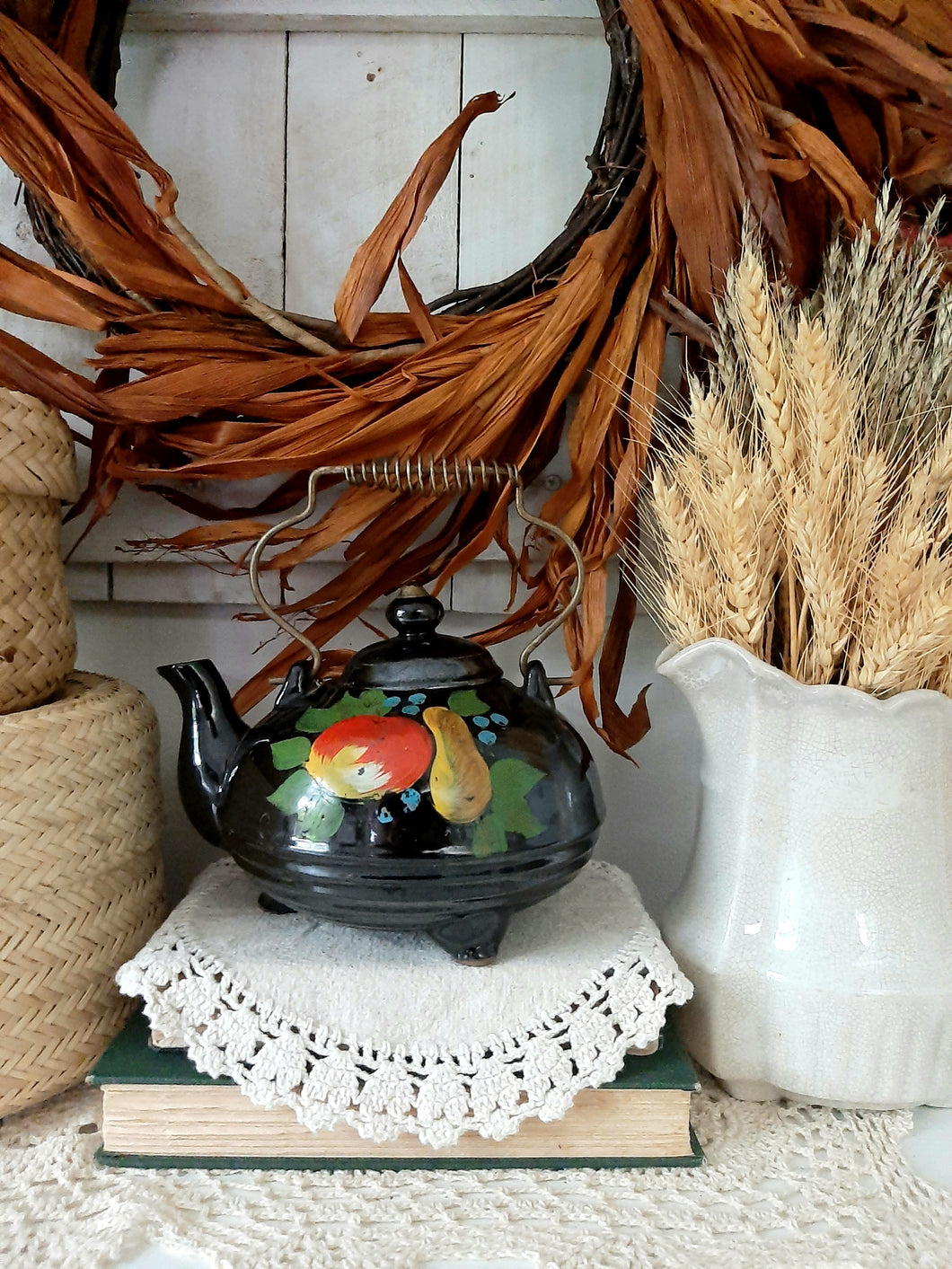Vintage Black Redware Glazed Clay Fruit Tea Kettle