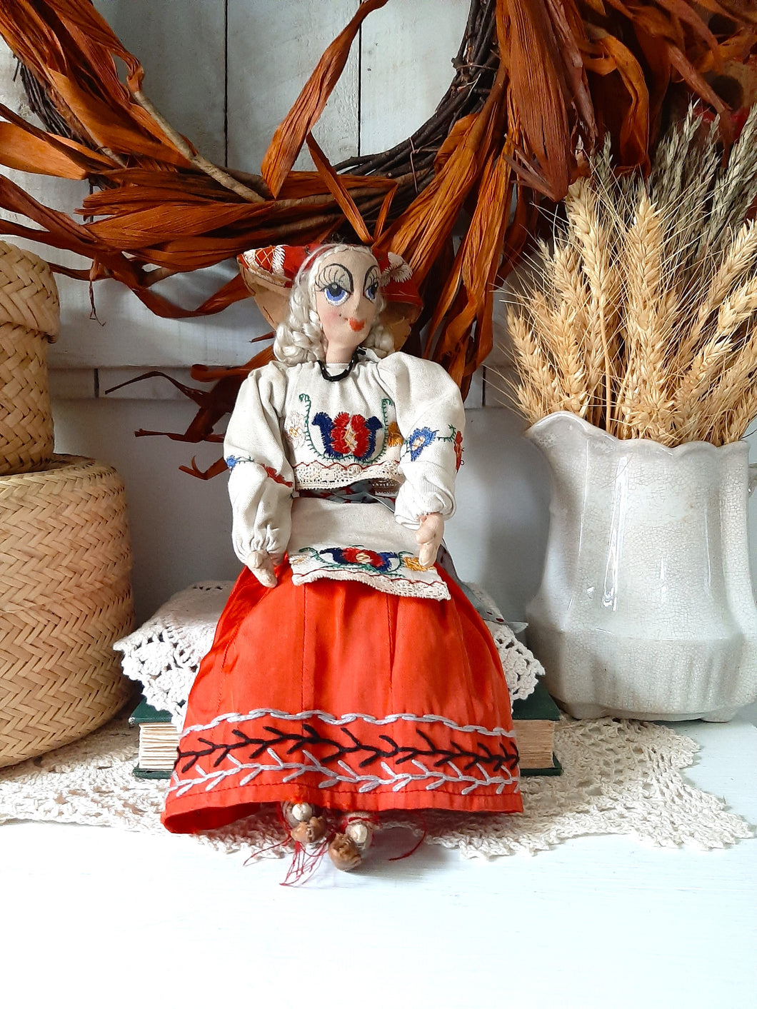 Vintage Handmade Embroidered Folk Art Cloth Bendable Doll