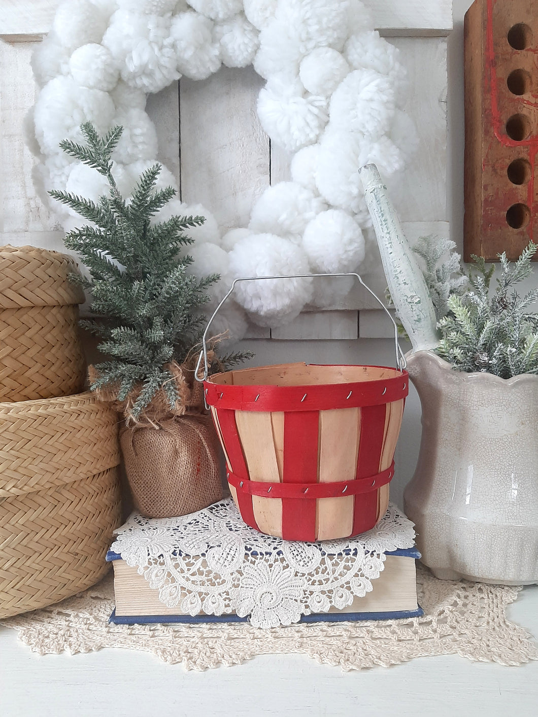 Vintage Red and Natural Wood Small Orchard Basket