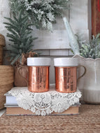 Vintage White Ceramic Insulated Metal Copper Mugs - Set of 2 - Made in Korea