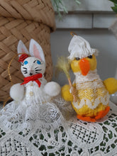 Load image into Gallery viewer, Vintage Handmade Walnut White Bunny &amp; Yellow Chick Easter Nut Ornaments - Set of 2
