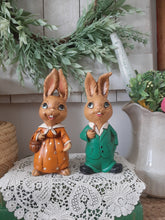 Load image into Gallery viewer, Vintage Colorful Ceramic Mr. &amp; Mrs. Bunny Rabbit Figurines - Set of 2
