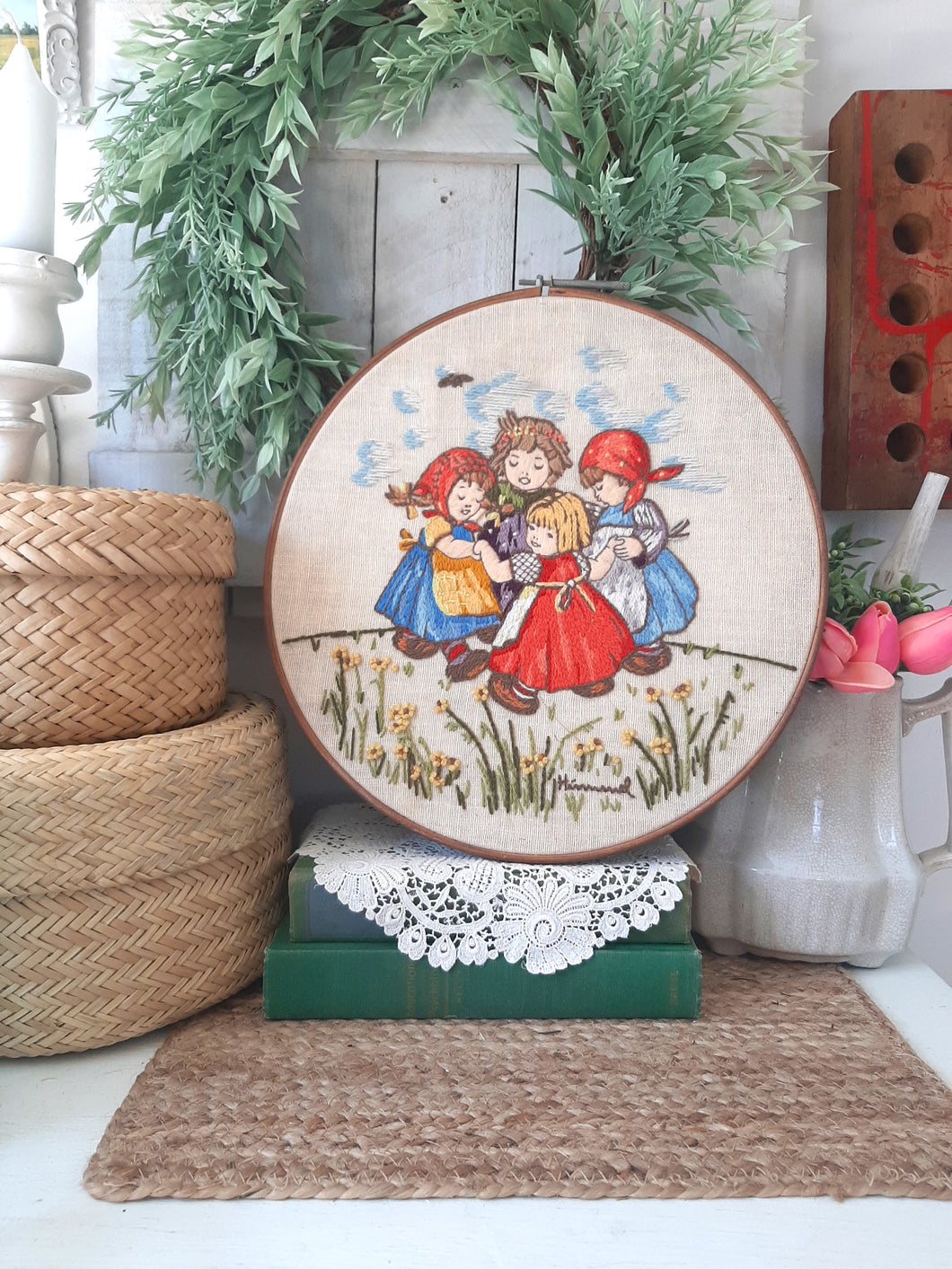 Vintage Spring Floral Little Girl Dancing Embroidery Hoop Crewel Needlepoint Round Thread Art