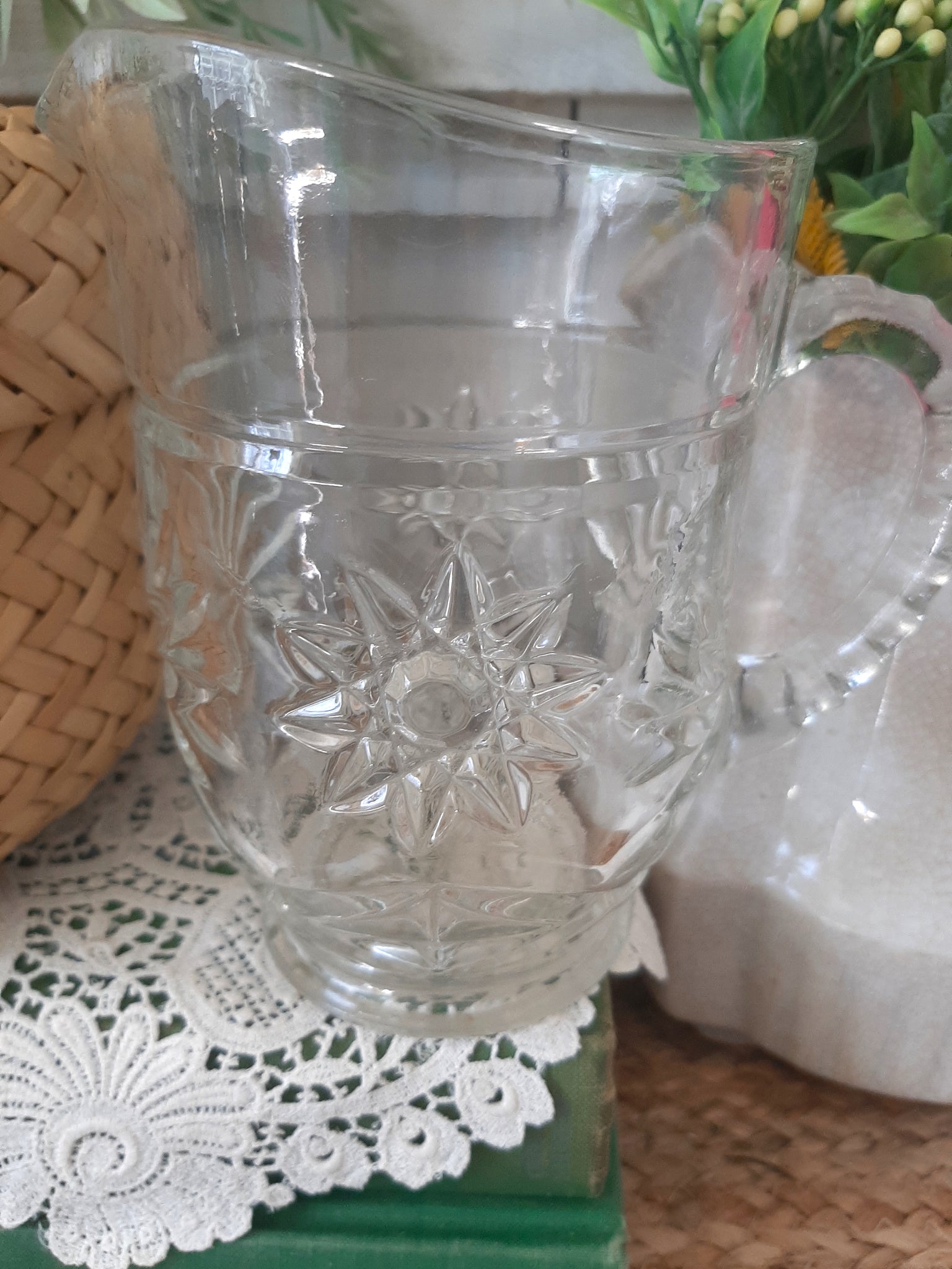 Decorative Pressed Glass Serving Pitcher, Starburst Design 