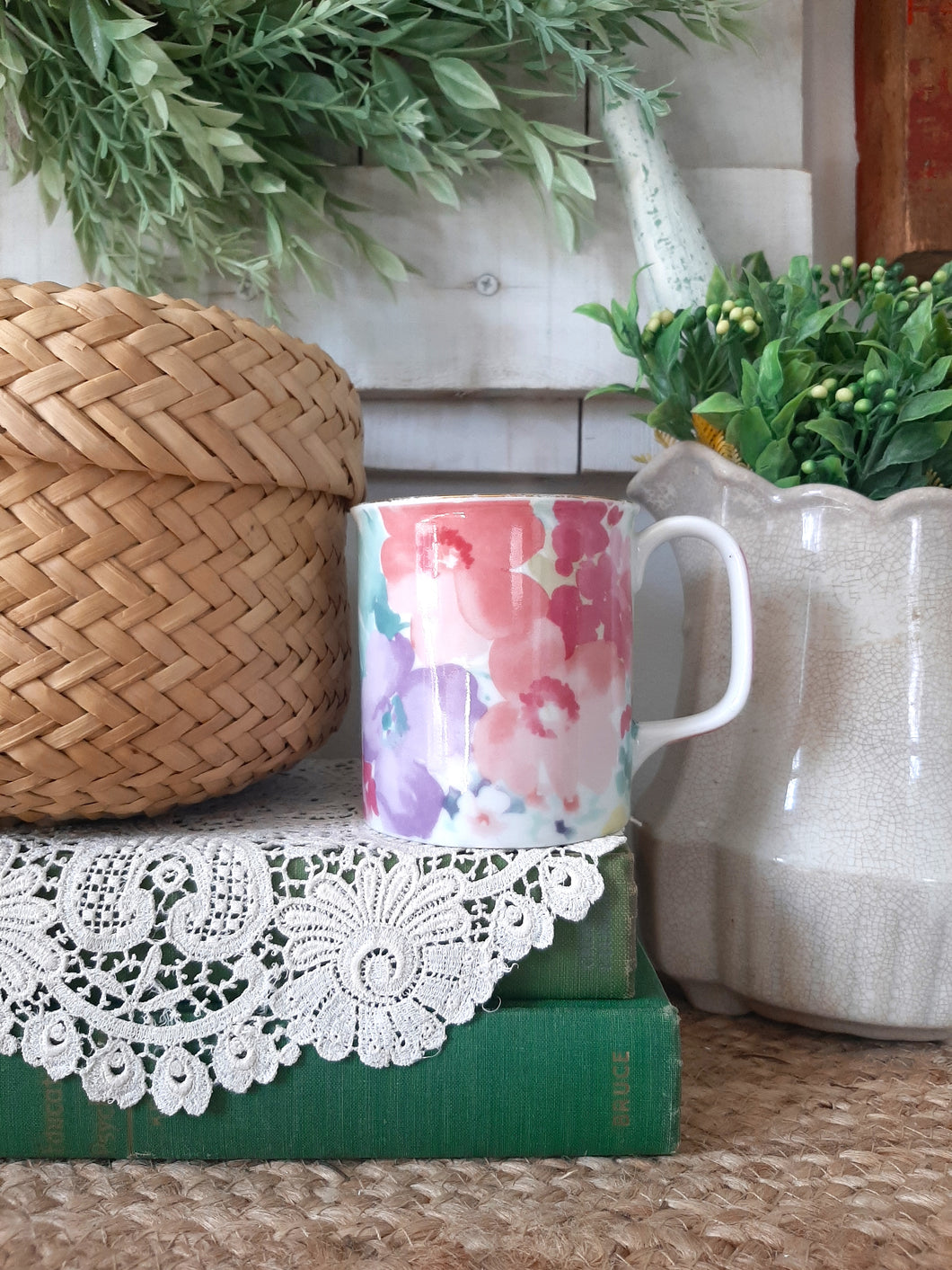 Vintage Cottagecore Otagiri Watercolor Style Pink Lavendar and Yellow Floral Flower Mug