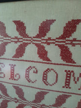 Load image into Gallery viewer, Vintage Red Welcome Counted Cross Stitch Sampler Framed Thread Wall Art
