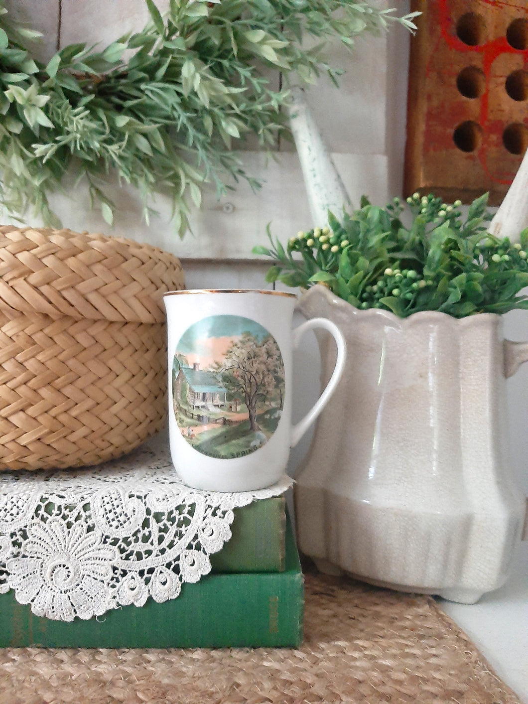 Vintage Currier & Ives Spring on the Homestead White Ceramic Mug