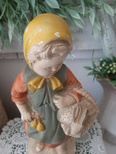 Load image into Gallery viewer, Vintage Yellow &amp; Orange Aged Chalkware Farm Girl Statue
