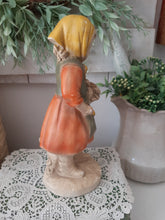 Load image into Gallery viewer, Vintage Yellow &amp; Orange Aged Chalkware Farm Girl Statue
