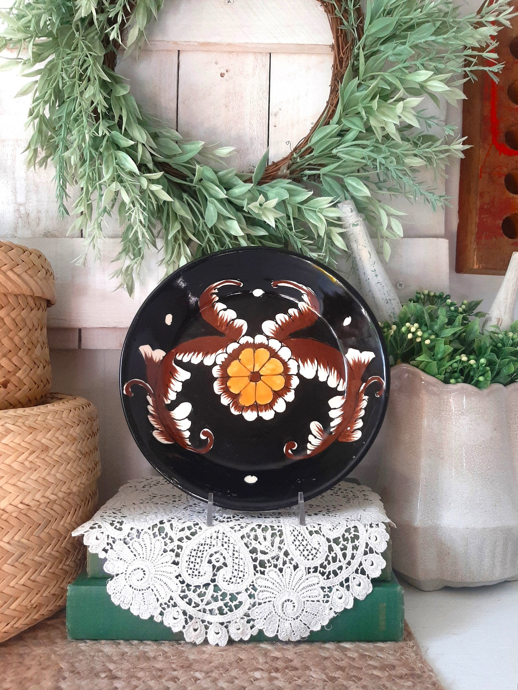 Vintage Black Floral Folk Art Mexican Plate